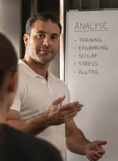 André Reinl erklärt die Analyse am Whiteboard: Training, Ernährung, Schlaf, Stress, Alltag